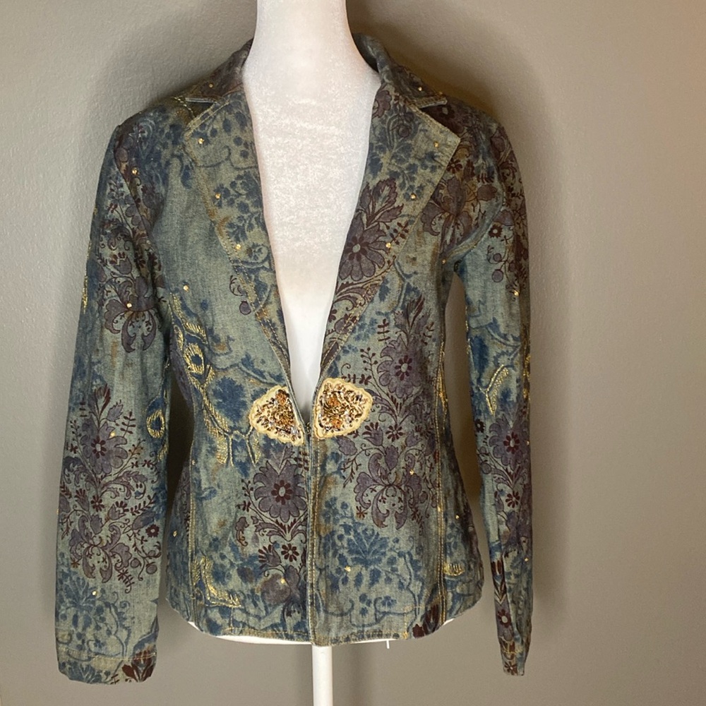 Chicos Embellished Floral Beaded
Metallic Rhinestone Boho Jean Jacket - Size S